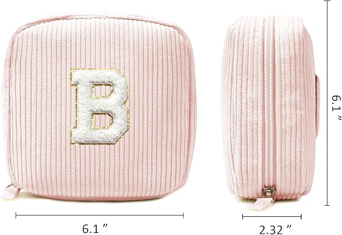 Cute Monogram Personalized Initial Makeup Bag - Pink Cosmetic Pouch Make Up Case for Her Best Friend, Sister, Teacher - Birthday Gifts (Letter B, Pink)