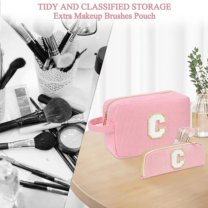 Sernaxi Personalized Initial Makeup Bag Trendy Stuff Corduroy Cosmetic Bag Travel Toiletry Bag, Valentine’s Day Gift Makeup Organizer Case & Makeup Pouch for Women teen Girls Mom Girlfriend Wife
