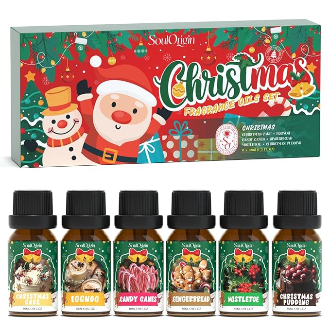 Soulorigin Christmas Essential Oils Set, Fragrance Oil Set for Diffuser, Scent Diffuser Oil for Candle Making-Christmas Cake, Eggnog, Candy Canes, Gingerbread, Mistletoe, Christmas Pudding