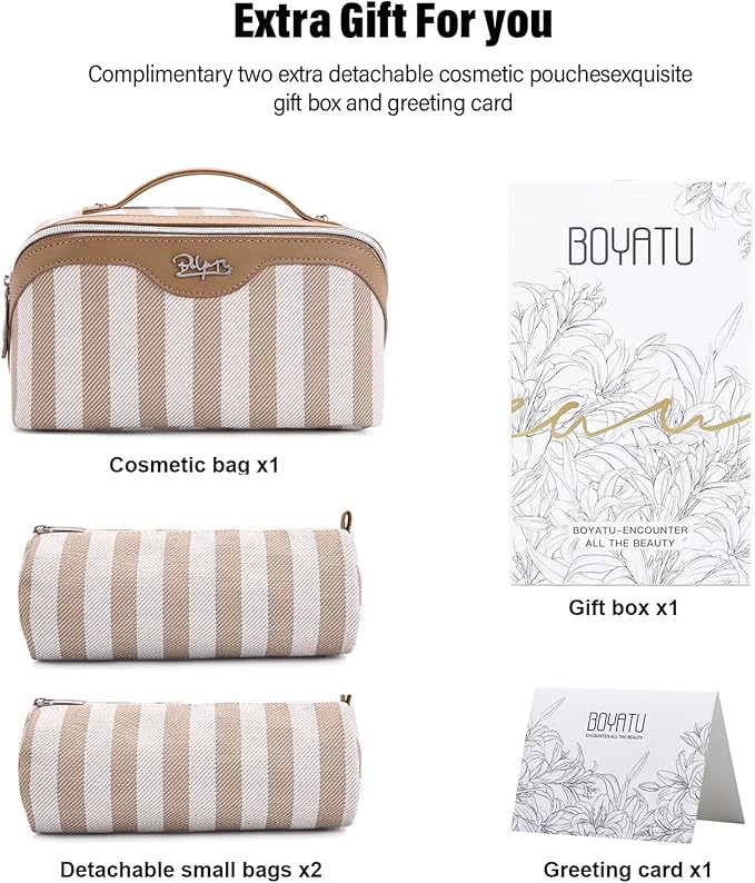 BOYATU Travel Makeup Bag for Women: Large Cosmetic Bag Set of 3 - PU Leather Make up Bag with Compartments - Compact Waterproof Toiletry Bag with Divider & Handle (B-6-Khaki)