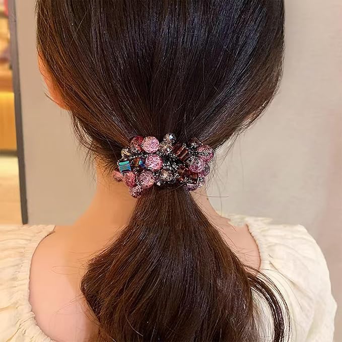 Siluannan Crystal Beaded Hair ties Scrunchies, Pink and Blue Glass Beads, Black Elastic Band, 2 Pack hair accessories for women。