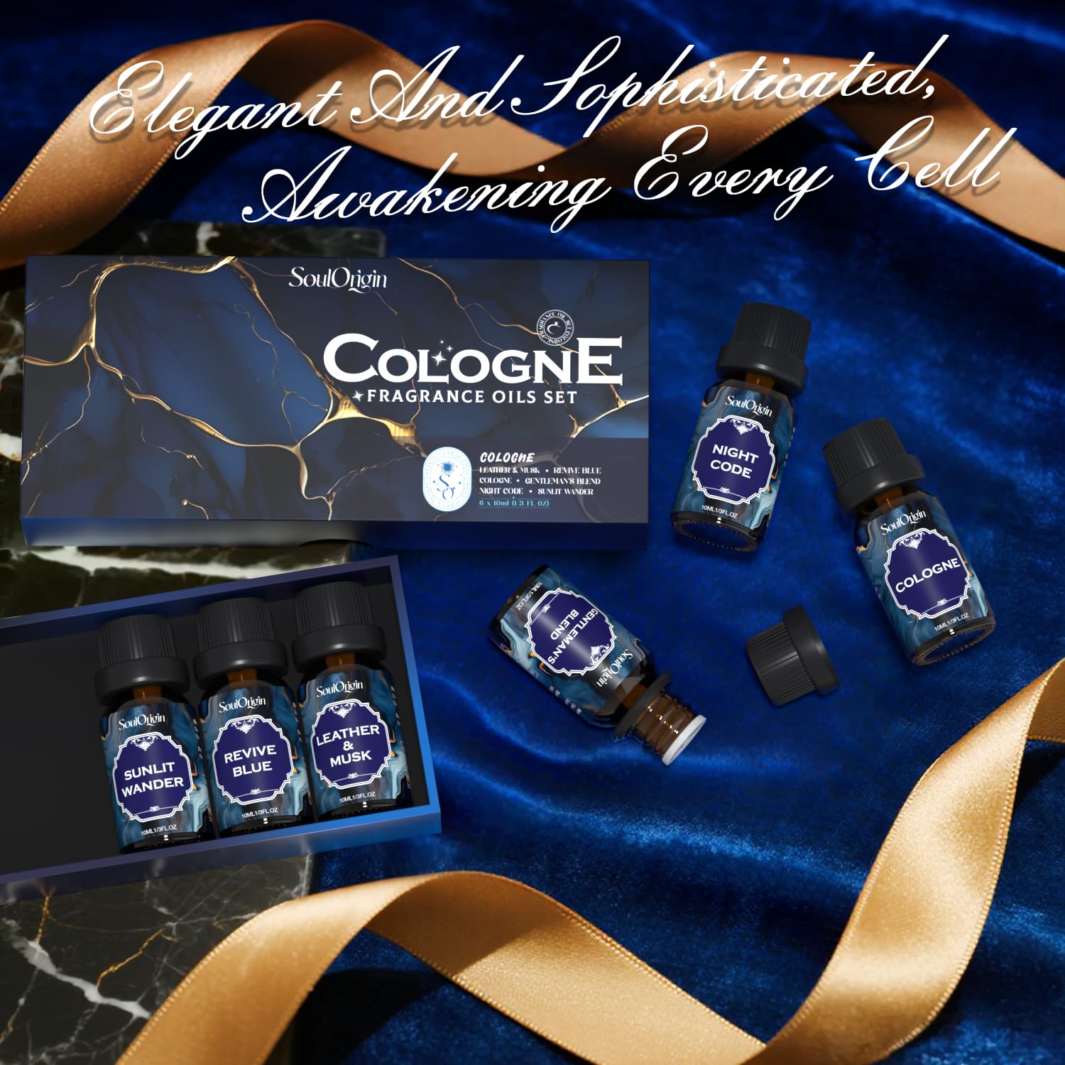 Soulorigin Cologne Fragrance Oils Set, Essential Oil for Diffuser, Men Scent Diffuser Oil, Use for Soap Candle Making, Cologne, Leather&Musk, Revive Blue, Sunlit Wander, Gentleman's Blend, Night Code