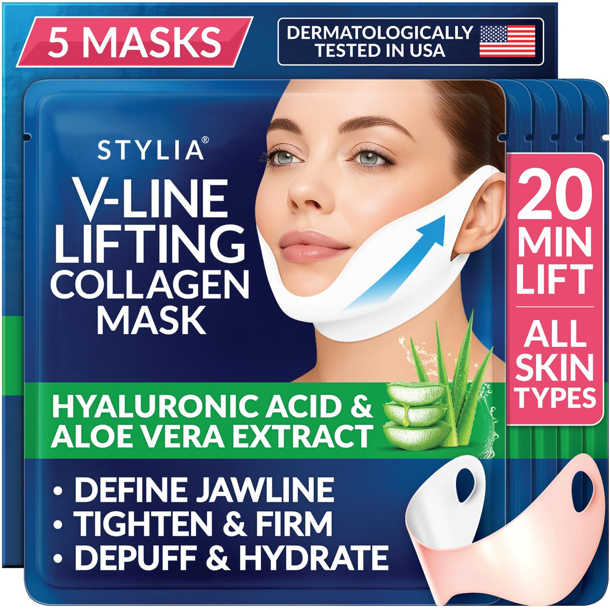 Stylia V Line Lifting Collagen Mask - Lift, Firm & Contour Jawline - Tightening Double Chin Strap with Hyaluronic Acid & Aloe - Neck Tightening and Lifting Mask - Jawline Shaper Face Lift Tape (5PC)