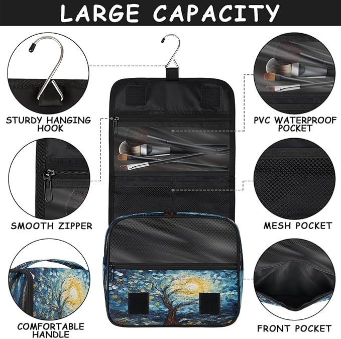 YoYoYuchong Travel Toiletry Bag for Women & Men Abstract Tree Starry Sky Hanging Cosmetic Organizer Portable Waterproof Makeup Case Make Up Bag with Compartments Travel Essentials for Bathroom Shower