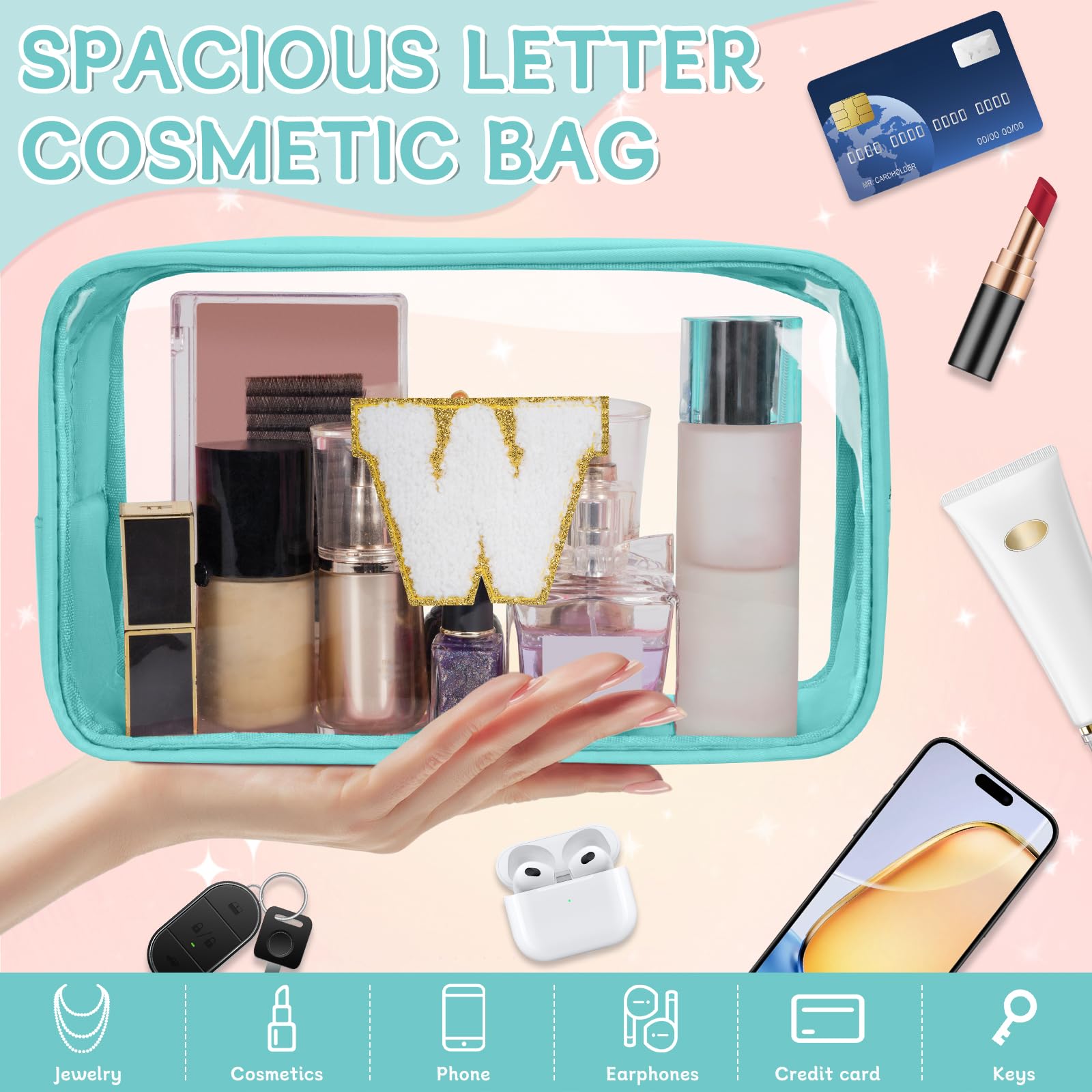 WELIDAY Personalized Initial Clear Makeup Bag, Travel Chenille Patch Cosmetic Bag, Preppy Toiletry Bag Monogram Cosmetic Pouch with Zipper, Ideal Gift for Teen Girls Women (Clear-Green, W)