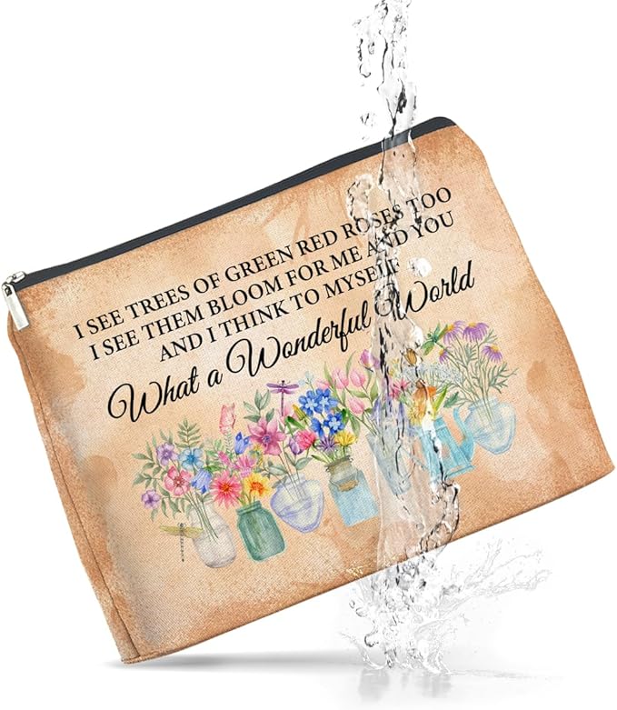 UPNEGE Floral Makeup Bag Gifts for Women What a Wonderful World Floral Butterfly Cosmetic Bag Zipper Makeup Pouch