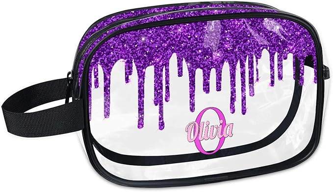 KFNHN Personalized Transparent Makeup Bag with Name, Travel Clear Cosmetic Bag for Women, Friends, Mother's Day, Bridesmaid, Bride, Wedding, Graduation, Deep Purple Sequins Fluid Shape