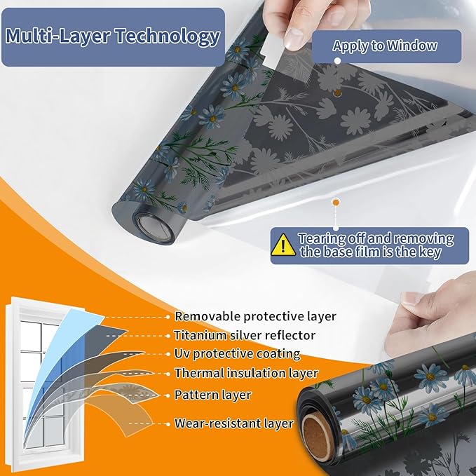 One Way Privacy Film, Window Tint for Home,Daytime Reflective, Anti UV Static Cling Sliding Door Coverings No Glue Garage Solar Paper (Black - Silver-Daisy, 45.27 x 78.7 in)