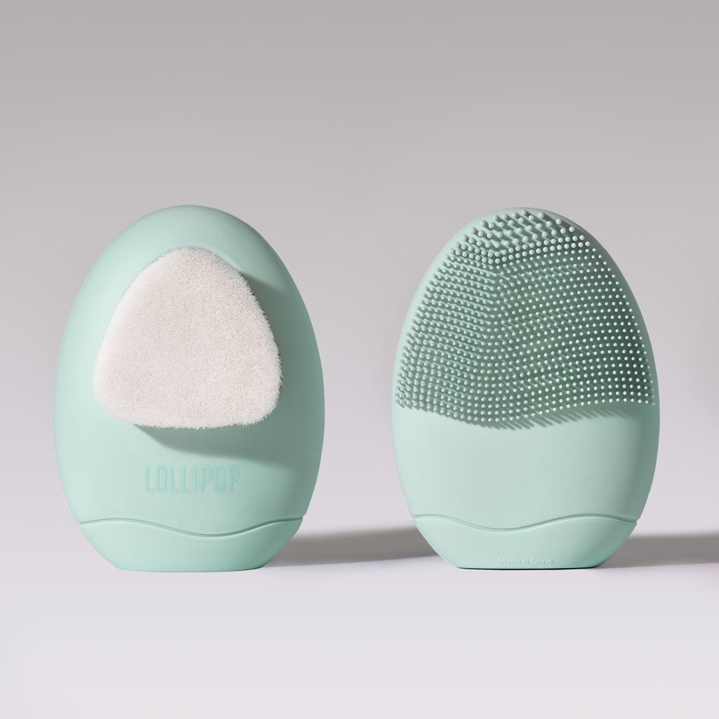 LOLLIPOP Dual-Sided Facial Cleansing Brush | Palm Size Silicone Face Exfoliator and Soft Fiber Cleanser | Manual Face Scrubber for Pores, Makeup Removal, Blackhead and Skincare Routine, Minty
