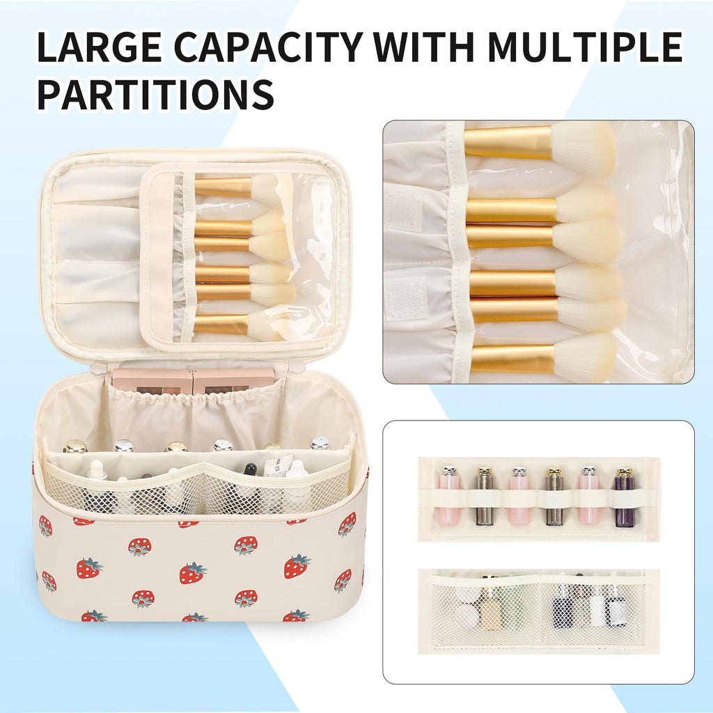 OCHEAL Makeup Bag,Travel Makeup Organizer Bag, Large Capacity Cosmetic Bags For Women Large Travel Toiletry Bag Girls Traveling With Brush Slot And Divider-PU Strawberry
