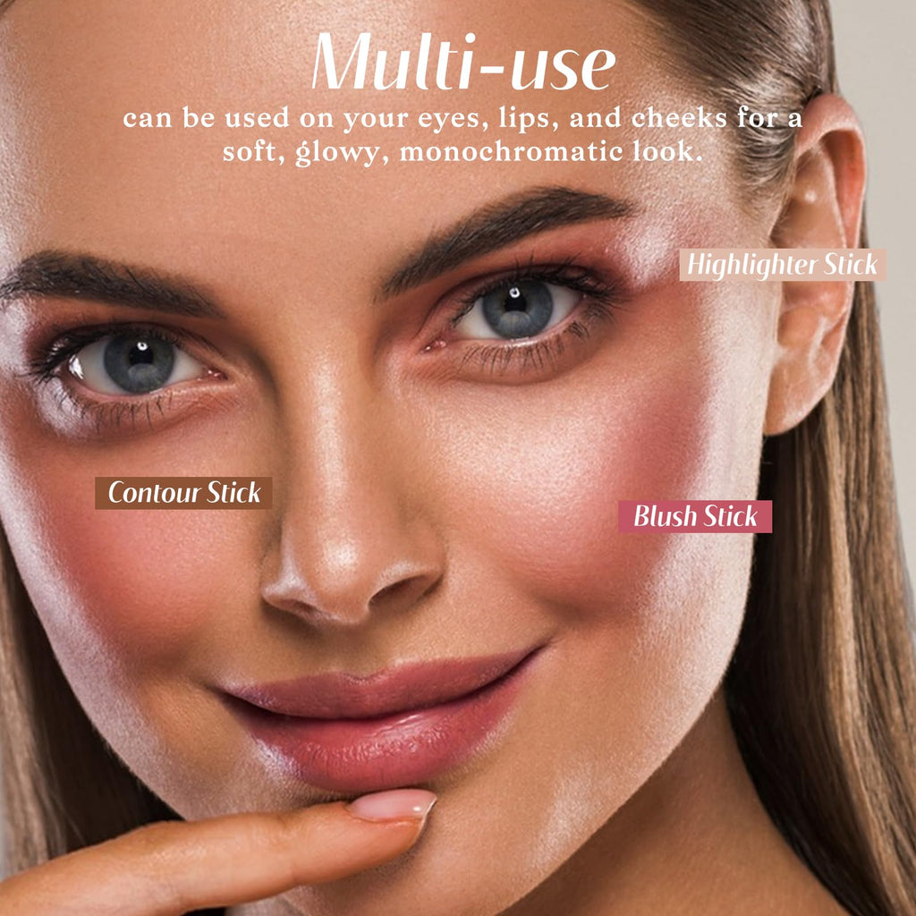 KIMUSE Face Sticks Trio, Cream Blush Stick & Highlighter Stick & Contour Stick for Sculpt the Cheeks, Long Lasting Cream Contour Stick Trio for Face Makeup, with Brush