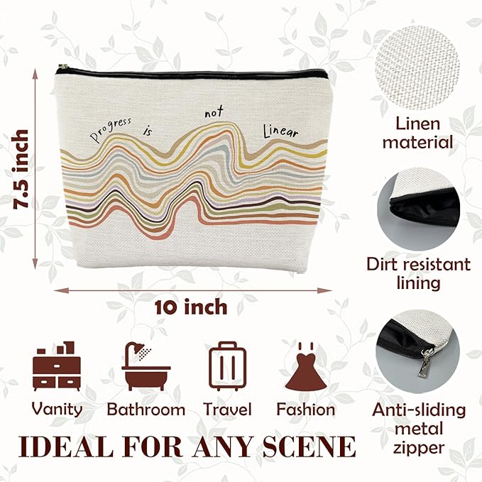 MKGRXZCW Progress is Not Linear Mental Health Makeup Bag for Purse, Inspirational Motivational Cosmetic Bag Travel Toiletry Bag for Therapist Counselor, Therapy Gifts Zipper Makeup Pouch
