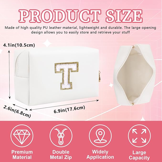 Personalized Initial Letter Patch Makeup Bag, Preppy Portable Chenille Letter Cosmetic Bag with Zipper, PU Leather Waterproof Travel Toiletry Bag Monogram Make Up Pouch for Women Girls