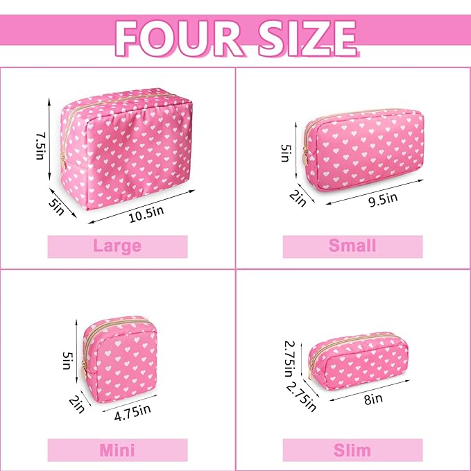 Small Pencil Case Makeup Bag for Purse, Cute Pencil Pouch Preppy Nylon Makeup Brush Bag with Zipper, Girls Portable Stationery Storage Case Small Pen Bag for Office School College(Slim-Pink Heart)