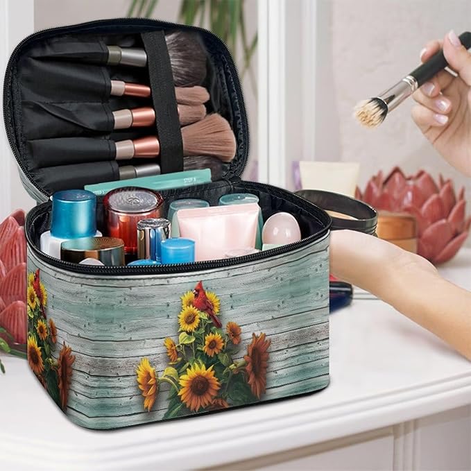 Drydeepin Cardinal Bird and Sunflower Print Travel Makeup Bags for Women Portable Tote Cosmetic Case with Carry Handle Toiletry Accessories Storage Organizer Bags