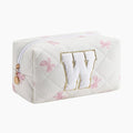 Gleyemor Personalized Initial Makeup Bag for Women, Cute Quilted Pink Floral Cotton Cosmetic Bag, Christmas Gifts for Her Mom Friend Sister Bridesmaid Teacher Women W