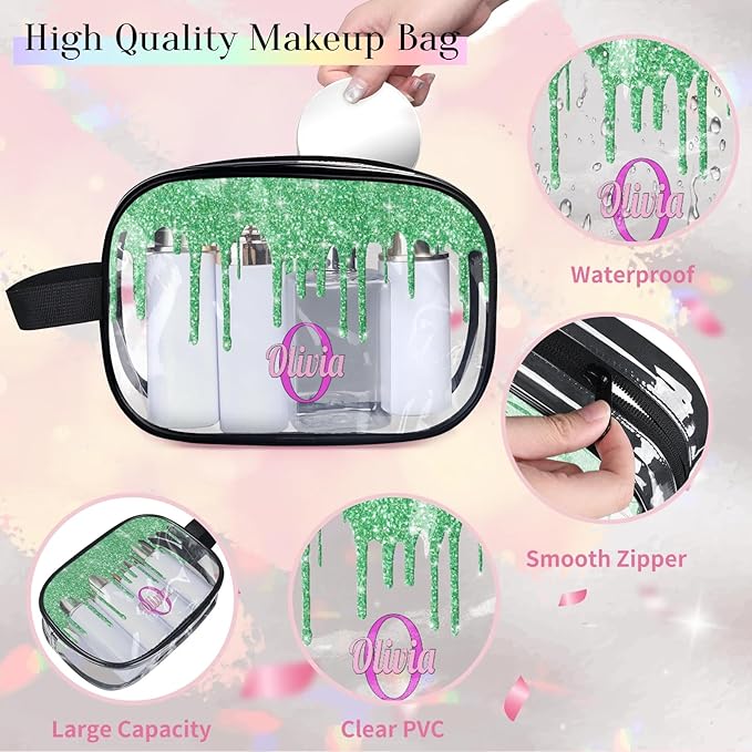 KFNHN Personalized Name Toiletry Bag, Transparent PVC Large Travel Cosmetic Bag Portable Makeup Organizer Bag for Women Bathroom Shower Essentials, Water Flow Shape Lime Green Glitters