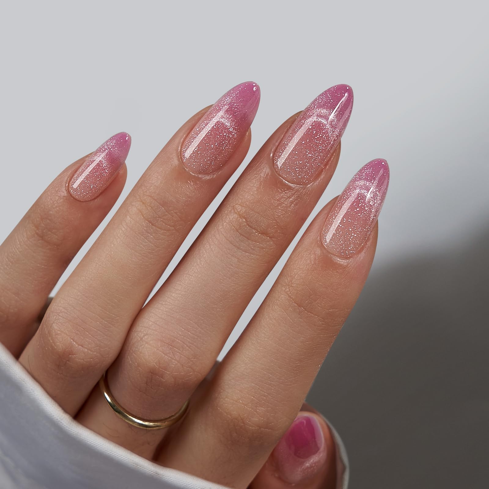 BTArtbox Press On Nails, Rosy Dew, Medium Almond, Pink Cat Eye, 30Ct