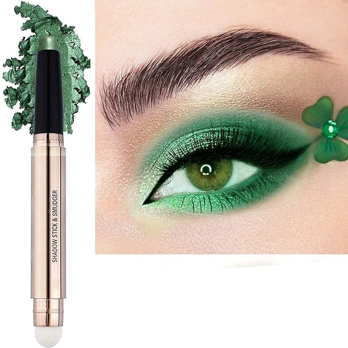 Qeetvia Bright Green Eyeshadow Stick Makeup, Long-Lasting Waterproof Eye Shadow Pencil, Hypoallergenic Smudge-Proof Glitter Primer Palette Shimmer Eyeliner, Easy to Blend Eye Make Up