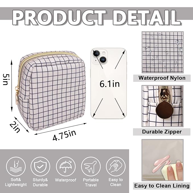 UIXIZQ Mini Makeup Pouch for Purse, Nylon Travel Toiletry Organizers Small Cosmetic Bag for Women Girl, Checkered Cute Zipper Coin Purse Preppy Storage Bag for School Work(Mini-Checkered)
