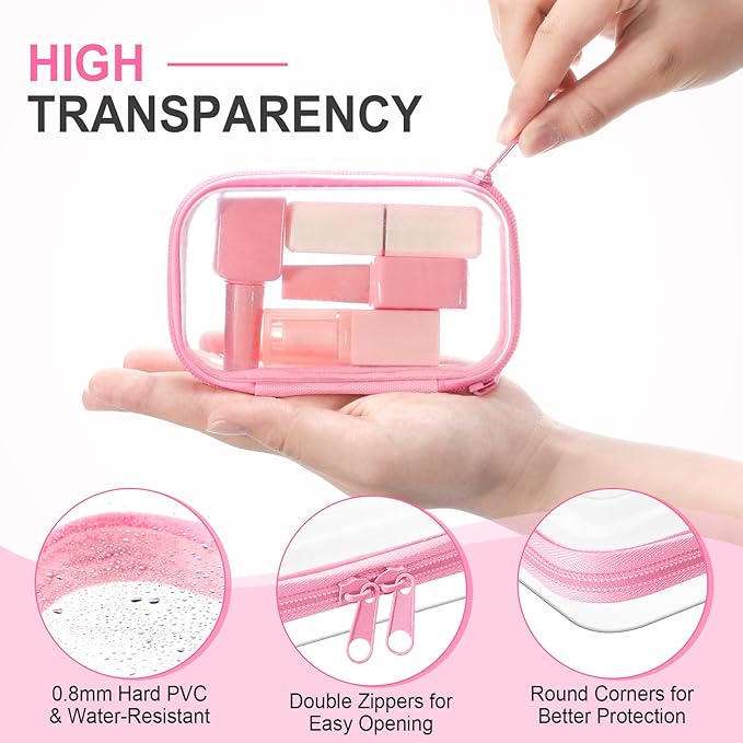 Hoolerry 3 Pcs Clear Hard Zipper Case Hard Plastic Zipper Pouch Makeup Bag Portable Travel Organizer for Cosmetics, Office Supplies, Documents & Toiletries(Pink,Xs)