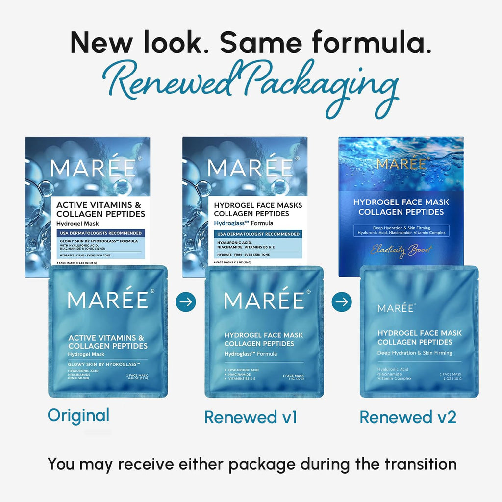 MAREE Hydrogel Collagen Facial Mask with Hyaluronic Acid — Hydrating Face Masks Skincare — Niacinamide, Amino Acids & Red Algae Extract — Facial Masks For Women — Mascarillas Para La Cara — 4 Count
