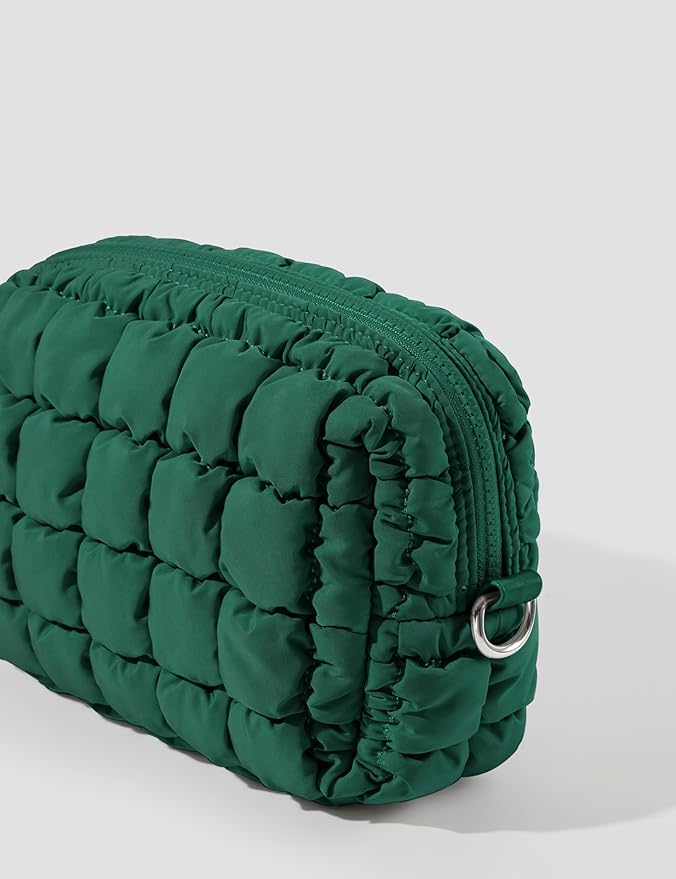 Yarnic Quilted Makeup Bag, Deep Green Puffy Cosmetic Bag Pouch
