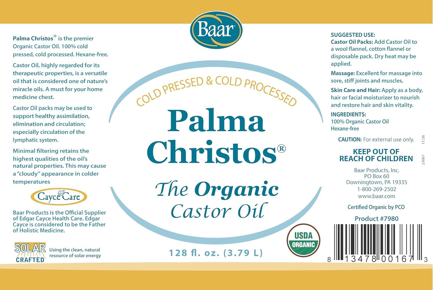 Baar Organic Castor Oil, 1 Gal