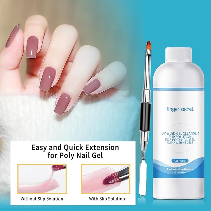 BEVINAS Slip Solution 4 Fl.Oz Nail Extension Gel Cleanser with Brush & Spatula - Easy DIY Poly Gel Nail Cleaner
