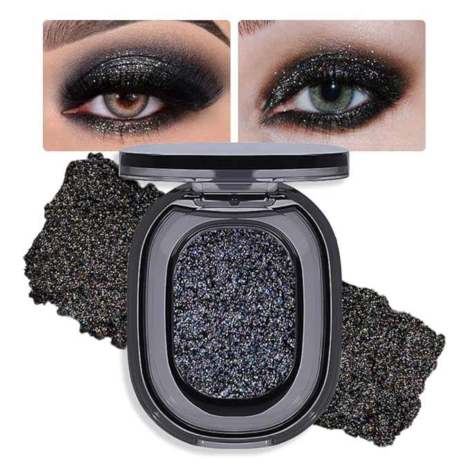 FeiCuiYun Black Glitter Eyeshadow Palette Makeup for Women, Glitter Shimmer Metallic Holographic Iridescent Single Monochrome Eyeshadow Halloween Birthday Party Wear Makeup, Sombras Crema Para Ojos