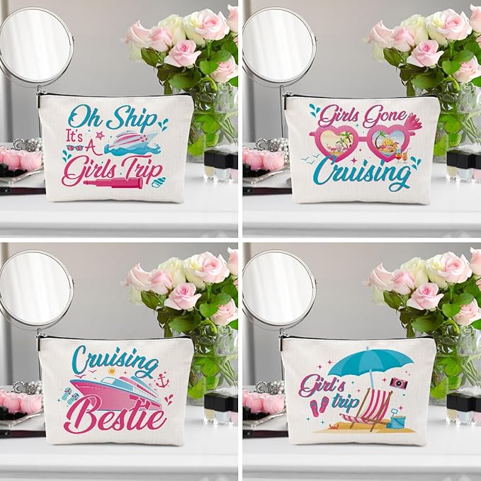 4 PCS Vacation Cosmetic Bag Girls Trip Gifts Favors, Cruise Ship Makeup Bag
