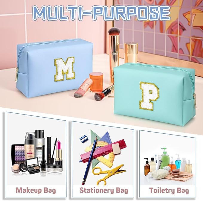 TOPEAST Preppy Makeup Bag, Small Cosmetic Travel Bags for Women, PU Leather Waterproof Toiletry Bag with Zipper, Personalized Birthday Gift for Women Girl, Preppy Gifts for Girl (Sky Blue F)
