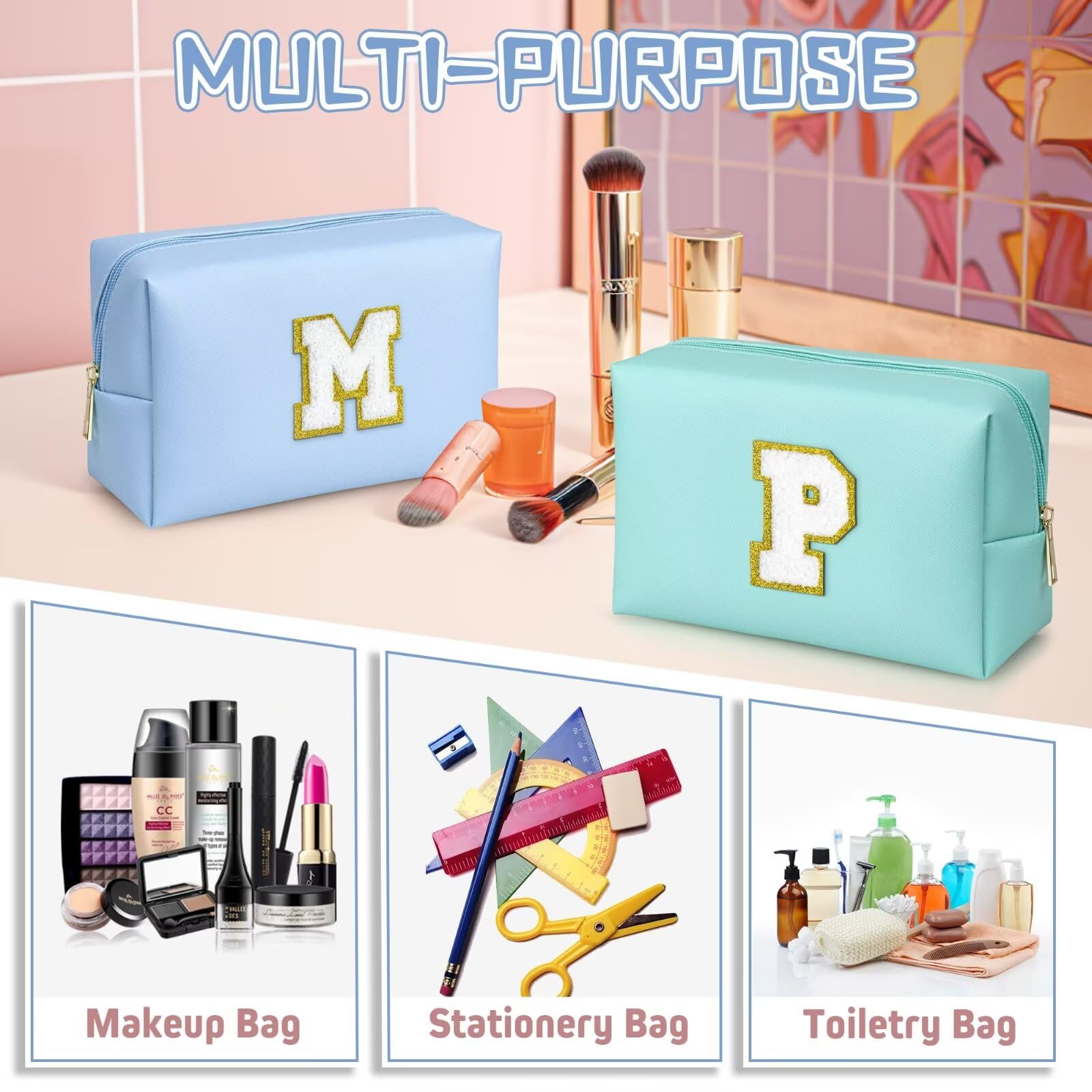 TOPEAST Personalized Makeup Bag, Chenille Letter Pouch Cosmetic Bag w Zipper, PU Leather Waterproof Toiletry Bag, Bridal Shower Gifts for Bridesmaids, Cute Stuff for Girls (Sky Blue P)