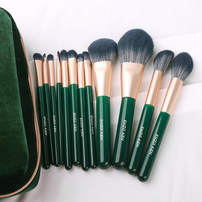 ENZO KEN Natural Fiber & Goat Hair Makeup Brush Set Professional, Combined Hair Makeup Brushes Set with Case, Green Cosmetic Brushes Makeup Set, Natural Makeup Brushes, Natural Bristle Makeup Brushes.