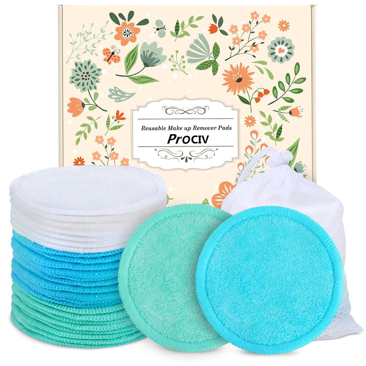 ProCIV Reusable Makeup Remover Pads, 20 Packs Organic Washable & Eco, Green