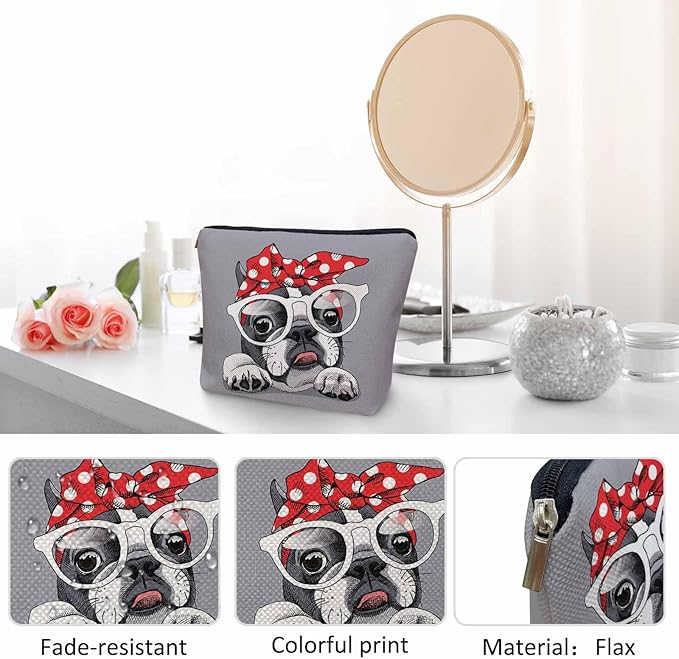 Kalygon Makeup Bag French Bulldog Makeup Bags For Purse Pouch, Cute Puppy Bulldog Glasses Travel Toiletry Bag Cosmetic Bag Makeup Bags Flax Makeup Organizer Bag Pencil Pouch For Man Woman, Gray