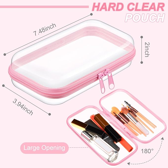 Hoolerry 3 Pcs Clear Hard Zipper Case Hard Plastic Zipper Pouch Makeup Bag Portable Travel Organizer for Cosmetics, Office Supplies, Documents & Toiletries(Pink,S)