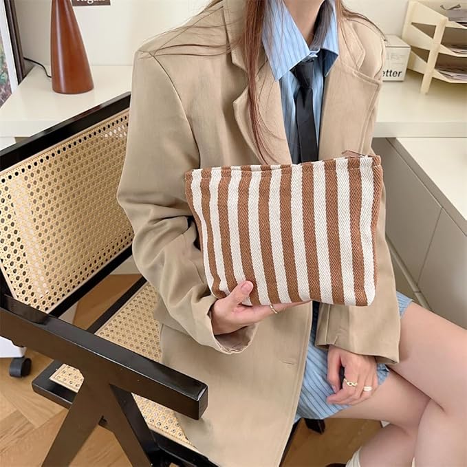 Flat Makeup Bag for Women,Zipper Cosmetic Pouch for Purse,Stripe Coffee