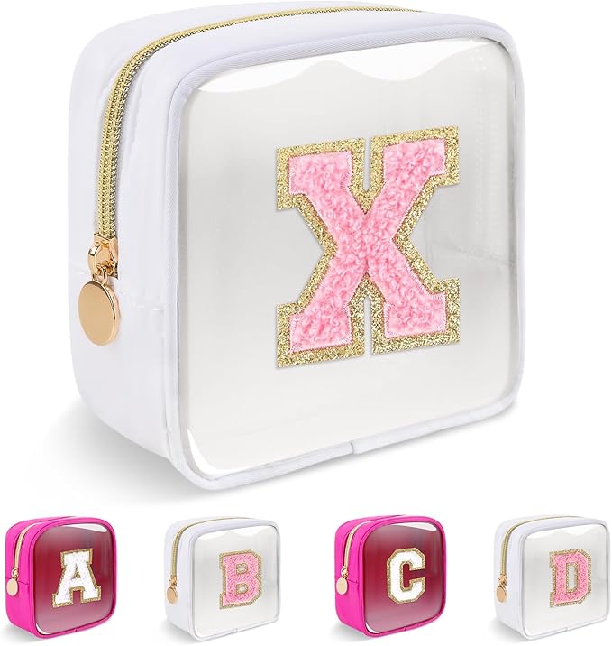 Personalized Initial Letter Clear Preppy Makeup Bag,Mini Nylon Chenille Letter Cosmetic Bag Cute Zipper Pouch Purse for Teen Girls,Portable TSA Approved Beach Travel Essentials Bag Gift for Women,X