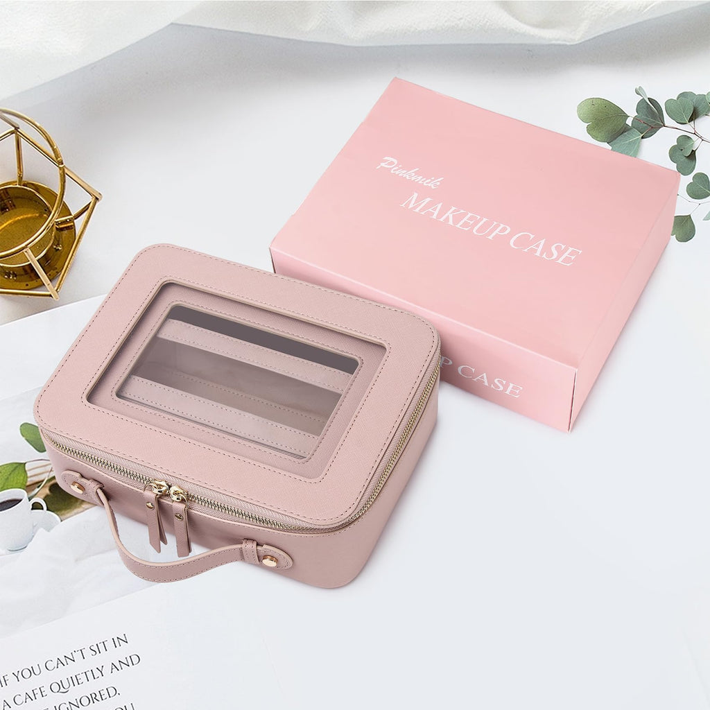 Pinkmik Clear Makeup Bag with Brush Bag 3pcs Waterproof Travel Case for Cosmetics and Toiletries Women's Makeup Organizer with Zipper (Pink, L+M+SLIM)