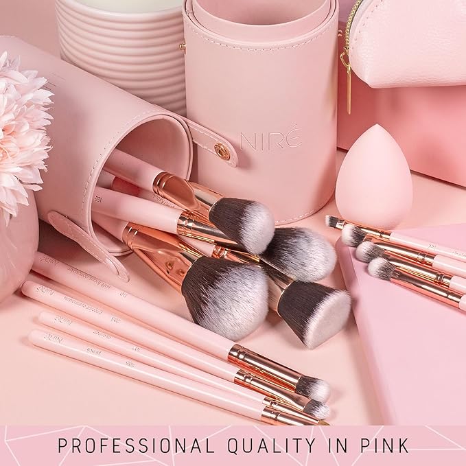 Niré Beauty Cute Makeup Brush Set for Teen Girls, 15 Piece, Pink