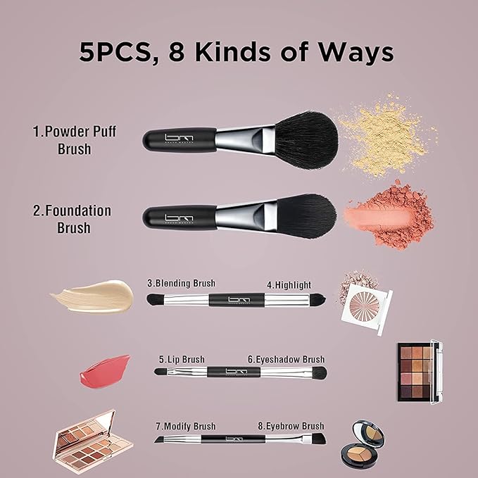 Brush Master Mini Travel Makeup Brushes Set, 5Pcs Double Ended Portable Cosmetic Brushes Kit with Storage Pouch for Foundation Eyeshadow Blush Lip Eyebrow, Black