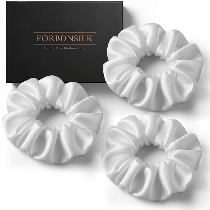 FORBDNSILK 100% Pure 22 Momme Mulberry Silk Scrunchies (Set of 3) | Highest grade (6A) Luxury Hair Ties| (Black,White,Pink) | (White, Standard)