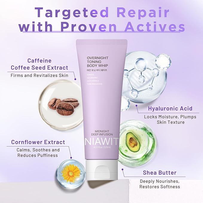 NIAWIT Overnight Toning Body Whip – For Loose Crepey Skin on Arms, Thighs & Belly | Firming, Moisturizing & Anti-Wrinkle Night Cream to Improve Tone While You Sleep, 4.23 fl.oz