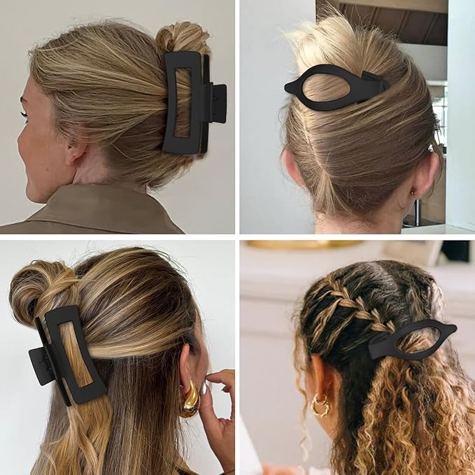CHANDAT Hair Clips for Women 4.3 Inch Large Hair Claw Clips 8 pcs Square Claw Clips & Flat Hair Clips for Thick or Thin Hair French Concord Hair Barrettes Alligator Hair Accessories for Women (Black)