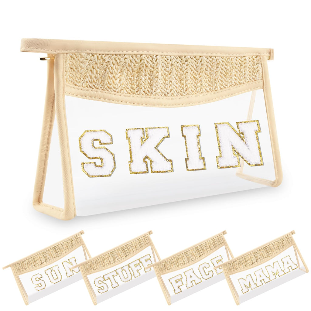 Small Boho Straw Clear Skin Makeup Bags for Women&Girls, Zipper Cosmetic Bag Chenille Varsity Letter Patch Bag, Preppy Cute Toiletry Pouch, Trendy Organizer Storage Bag for Beach Travel Essentials