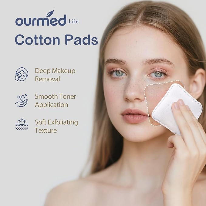 Ourmed Life Large Cotton Pads for Face, 3 x 3 Makeup Remover Pads, 60 ct