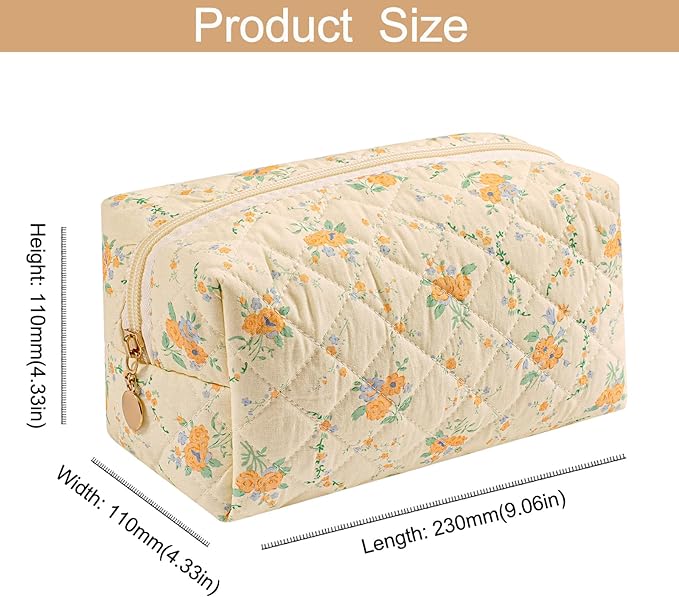HHQQWZ Makeup Bag Travel Cosmetic Bag for Women Girls, Zipper Make Up Pouch, Floral Flowers Toiletry Organizer Makeup, Portable Storage Bag, Cosmetic Travel Cloth Bag (Yellow Orange Flower)