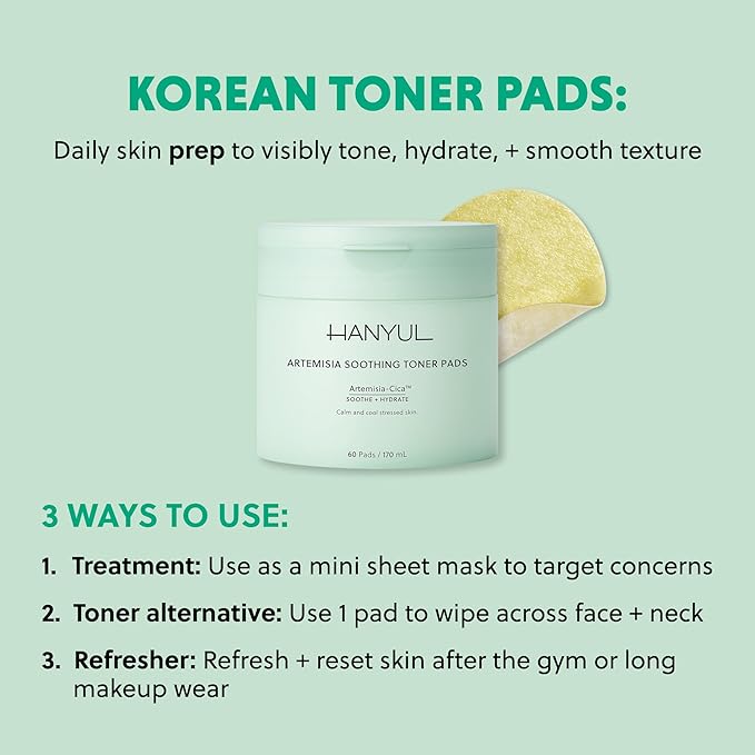 HANYUL Artemisia Soothing Toner Pads with Centella Asiatica & Hyaluronic Acid | Hydrating & Soothing Pre-Makeup Korean Toner Pads to Calm Visible Redness | for All Skin Types | 60 Pads