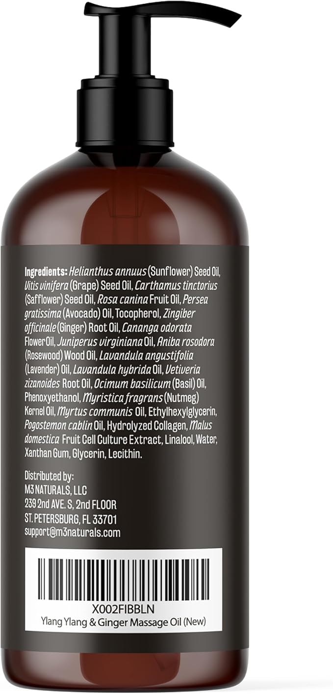 Lymphatic Drainage Oil for Massage Therapy with Ylang Ylang by M3, 8Fl Oz